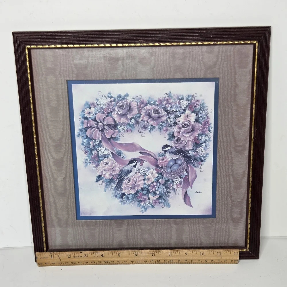 Vintage Home Interiors 90's Framed Heart Shape Floral Wreath Love Birds Wall Art